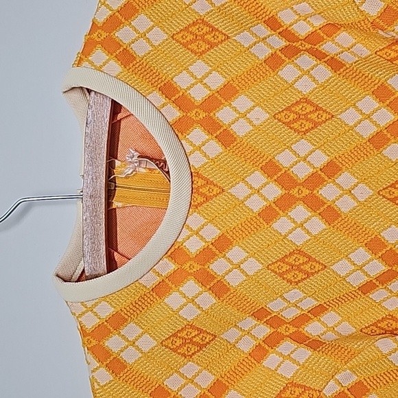 Patty Woodard Vtg 70's argyle dress, yellow orange white, SL, fitted, A-line - Picture 3 of 10